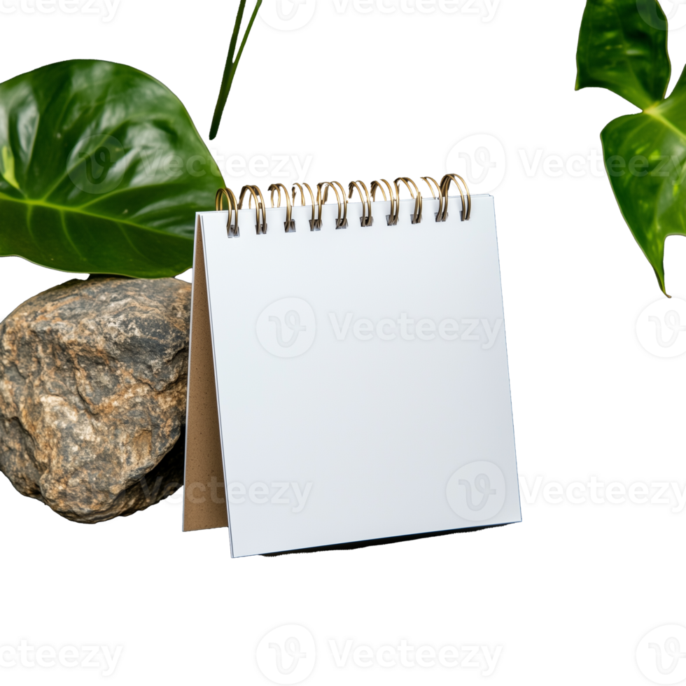 Blank spiral notebook on rock with green leaves on transparent background png