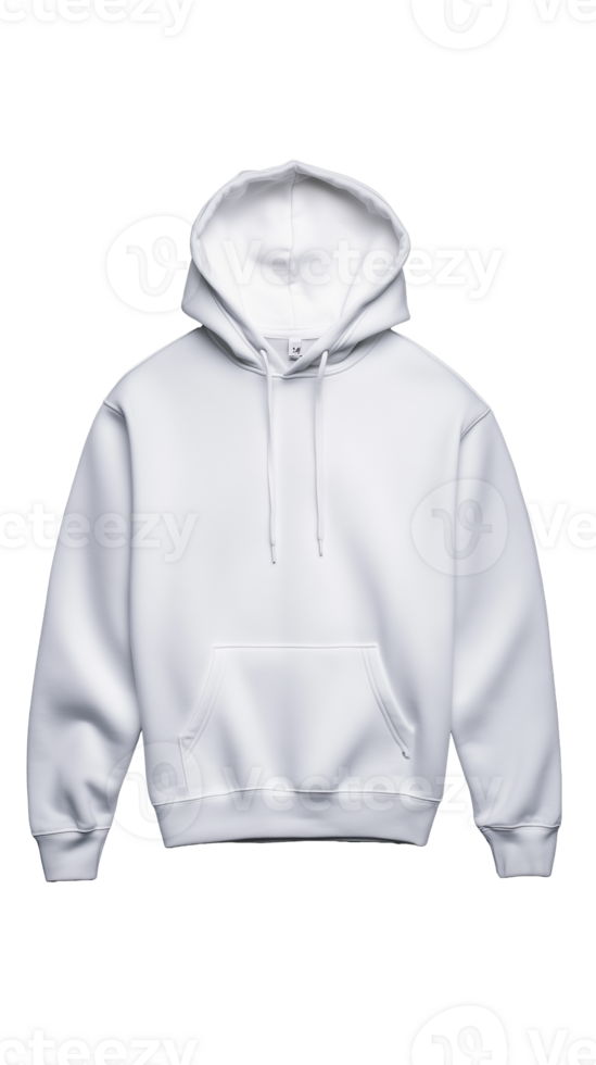 White hooded sweatshirt with front pocket and drawstrings on transparent background png