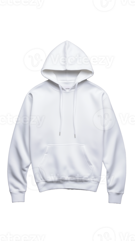 White hoodie with adjustable drawstrings and front pocket on transparent background png