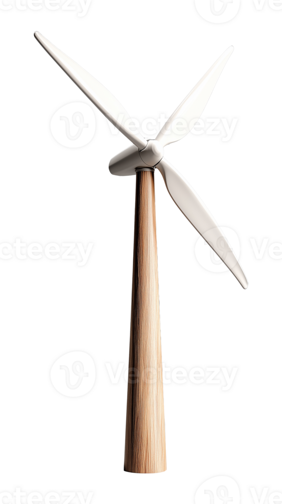 Wind turbine with wooden pole and white blades on transparent background png