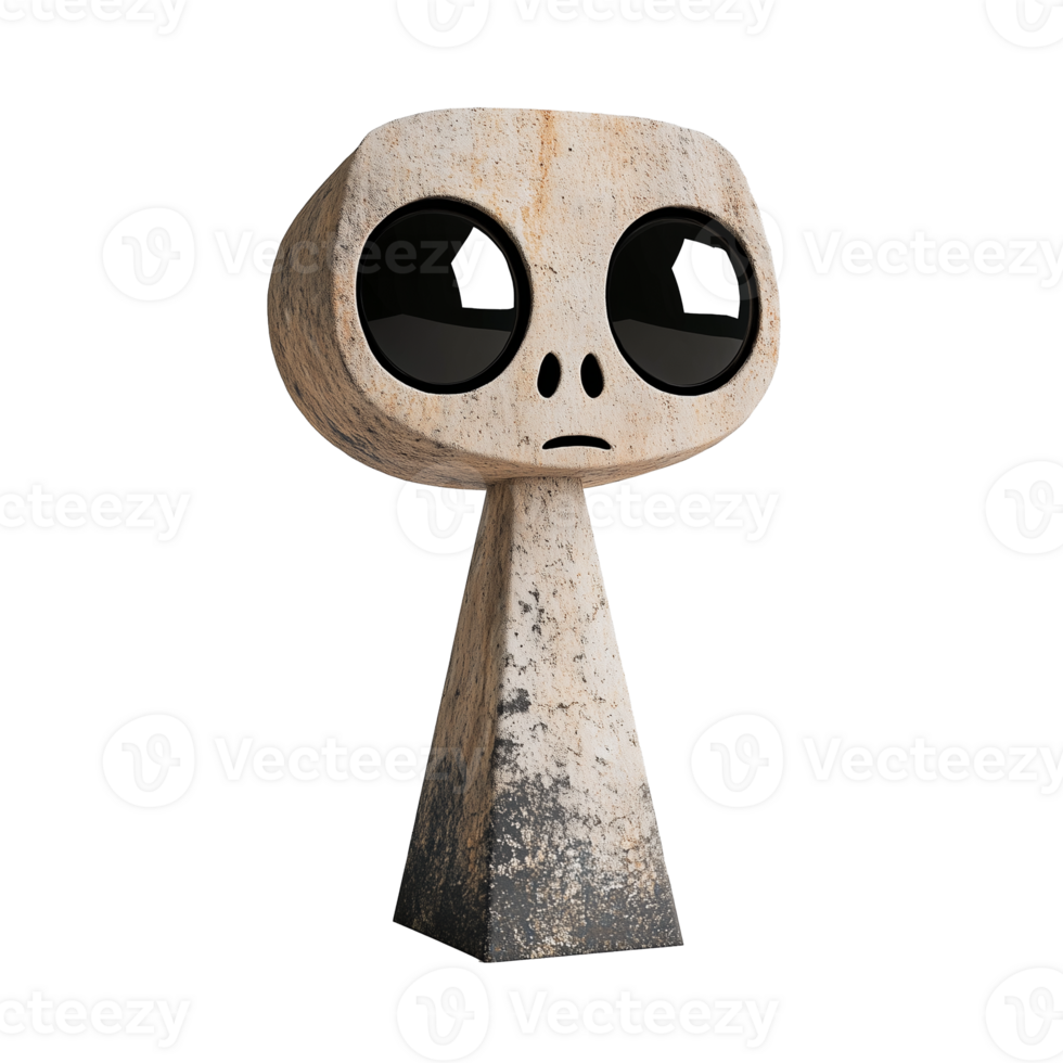 Unique abstract sculpture with large eyes and textured surface on transparent background png