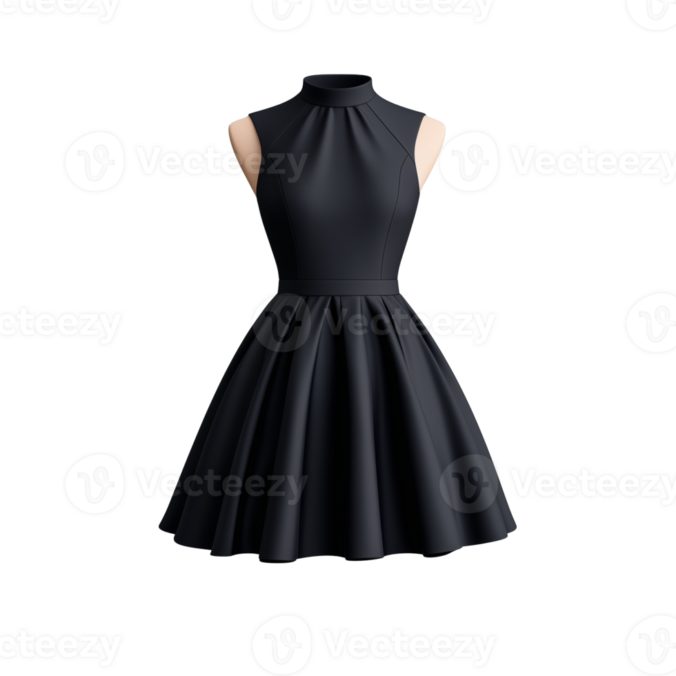 Elegant black sleeveless dress with flared skirt design on transparent background png