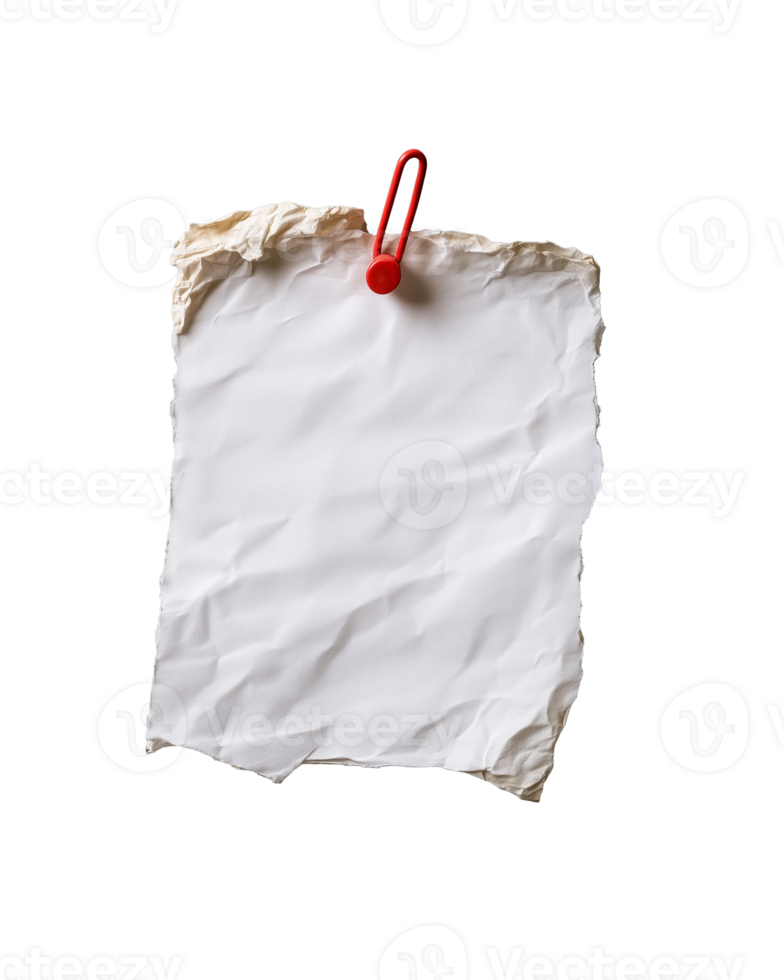 Crumpled paper sheet with red paperclip on transparent background png