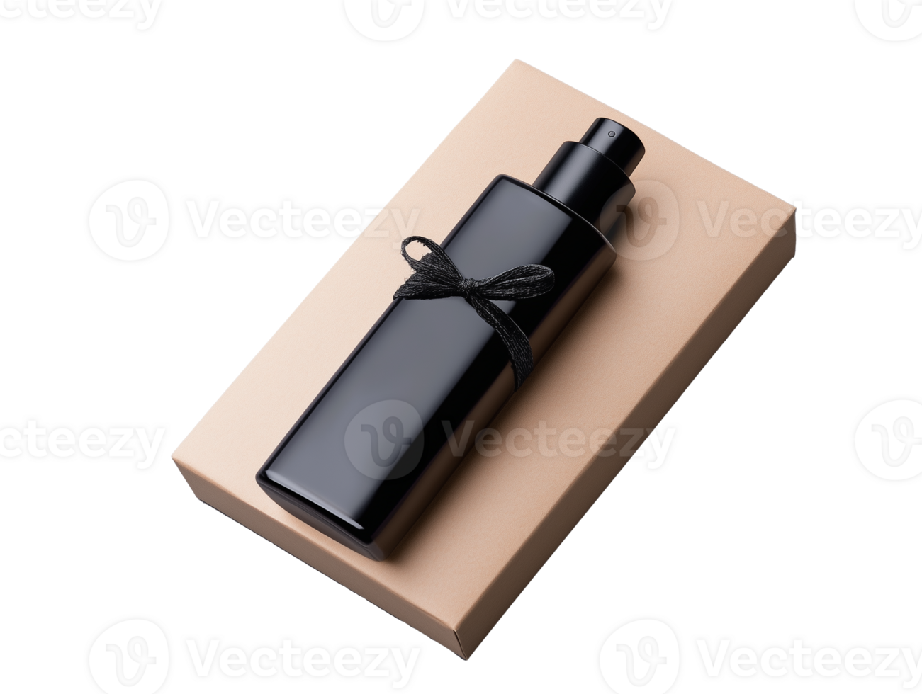 Elegant black perfume bottle with gift box and ribbon on transparent background png