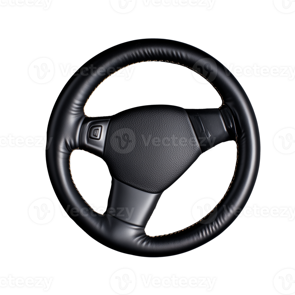 Black steering wheel with textured grip and control buttons on transparent background png
