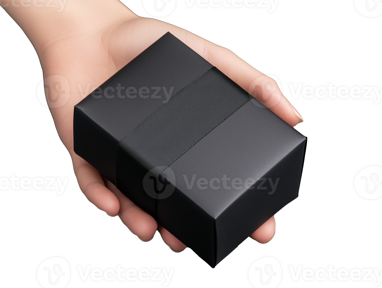 Black gift box held in hand with textured band on transparent background png