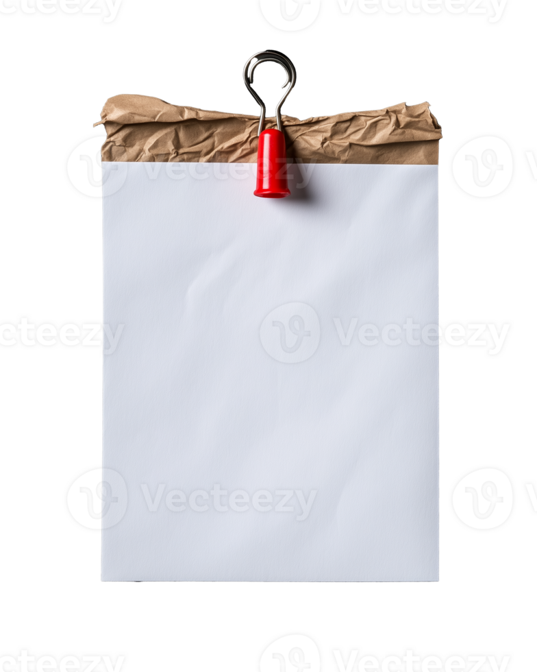 Blank paper sheet with red clip and crumpled top edge on transparent background png