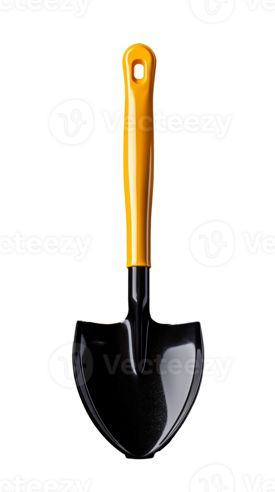 Garden hand trowel with yellow handle and black metal blade on transparent background png