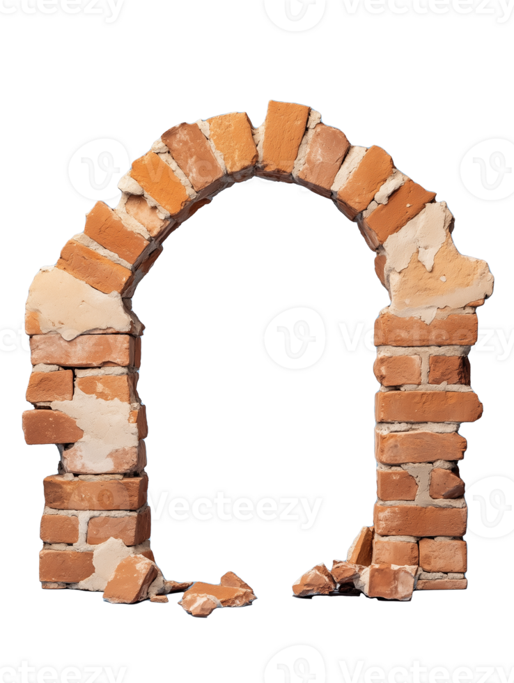 Rustic brick archway with chipped edges and natural texture on transparent background png