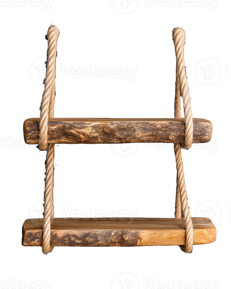 Rustic wooden swing with rope details on transparent background png