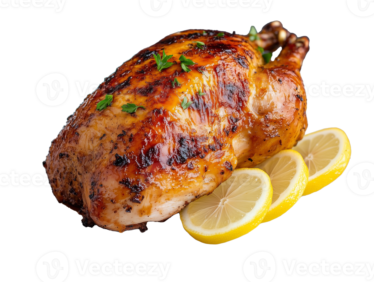 Grilled chicken with lemon slices garnished with herbs on transparent background png
