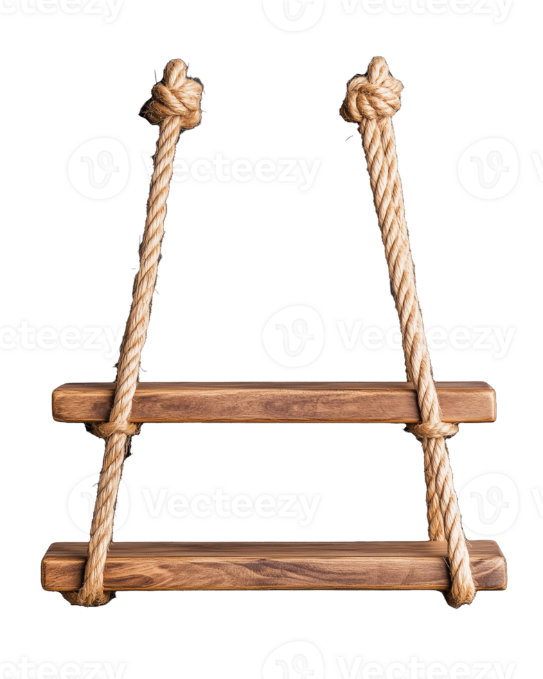 Wooden swing with natural rope ties on transparent background png