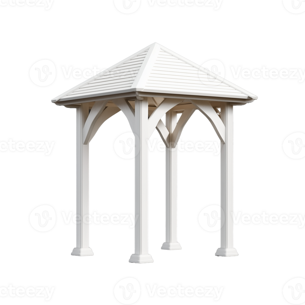 Elegant white gazebo structure with peaked roof and wooden supports on transparent background png