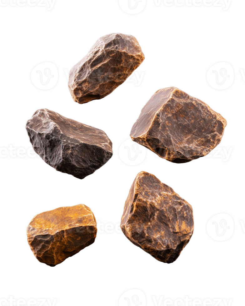 Natural mineral rocks in various shapes and sizes on transparent background png