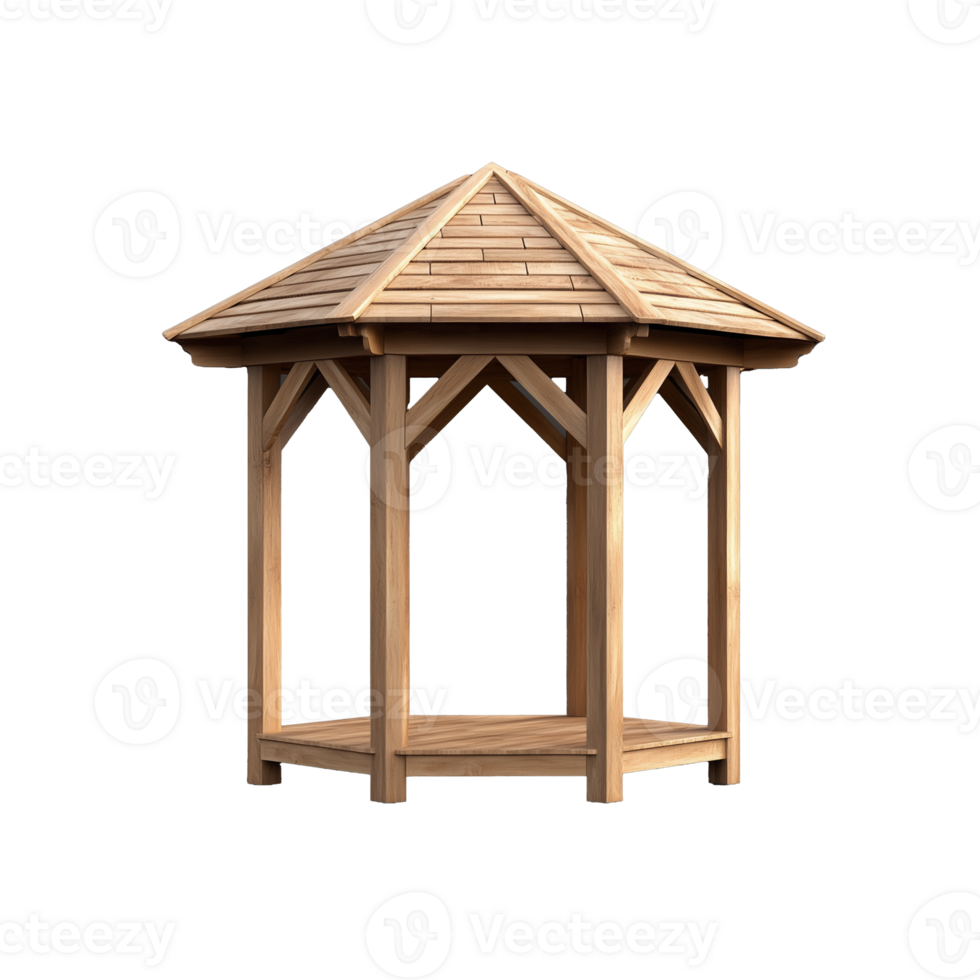 Wooden gazebo structure with a sloped roof and open design on transparent background png