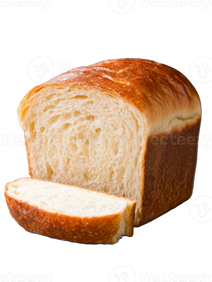 Freshly baked loaf of white bread with a slice on transparent background png