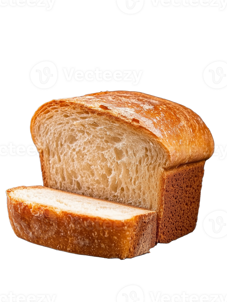Freshly baked loaf of bread with sliced portion on transparent background png