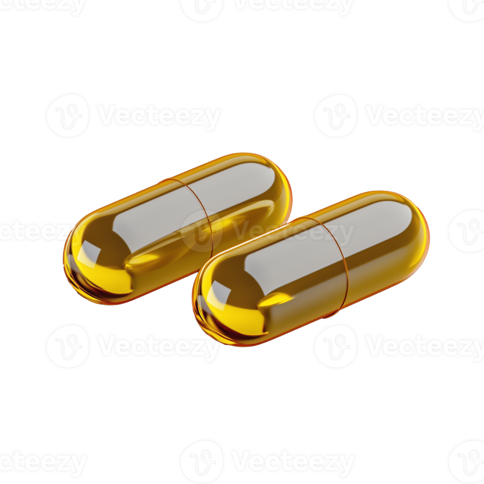Two golden capsules with shiny surface and smooth edges on transparent background png