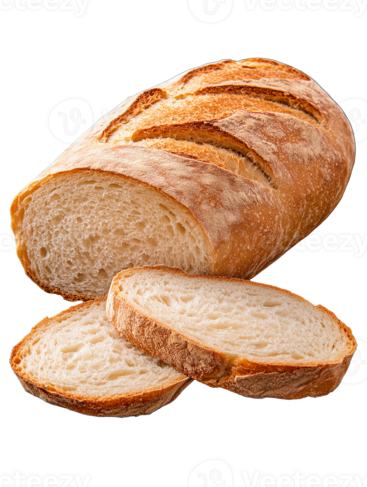 Freshly baked artisan bread loaf with sliced pieces on transparent background png