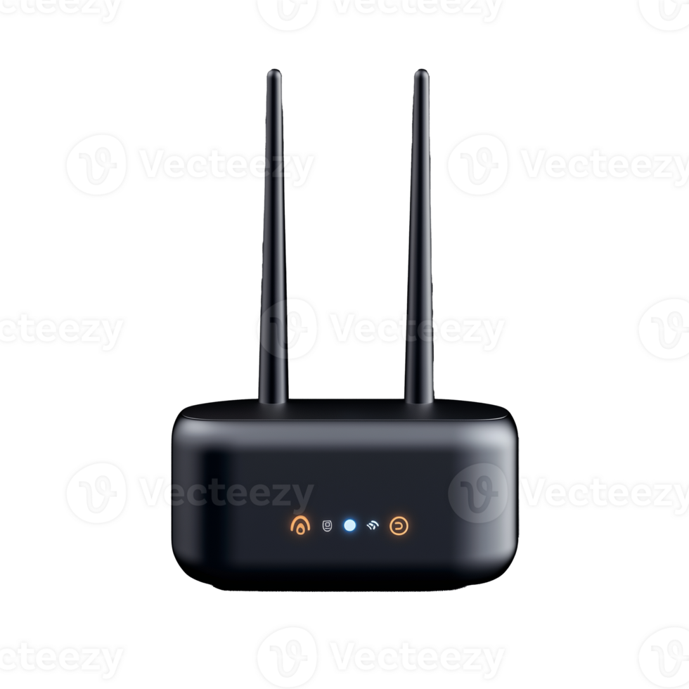 Modern Wi-Fi router with dual antennas and LED indicators on transparent background png