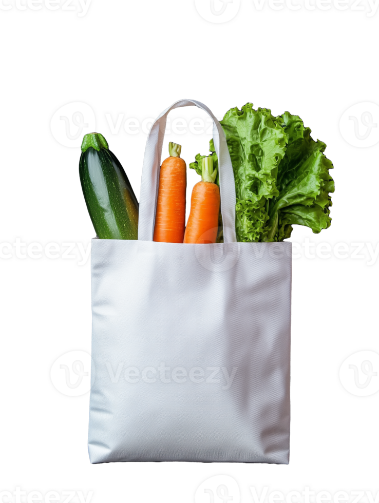 Fresh vegetables in reusable bag with lettuce, carrots, and zucchini on transparent background png