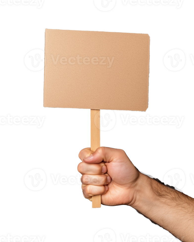 Hand holding a blank cardboard sign on transparent background png