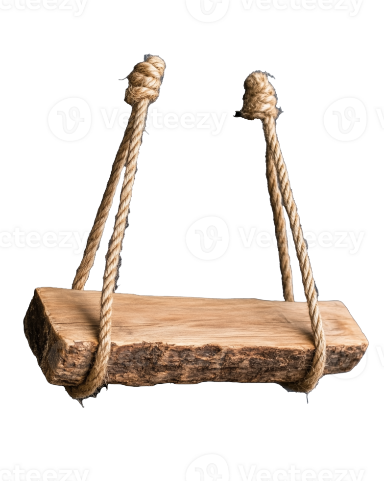 Wooden swing seat with rope attachments on transparent background png