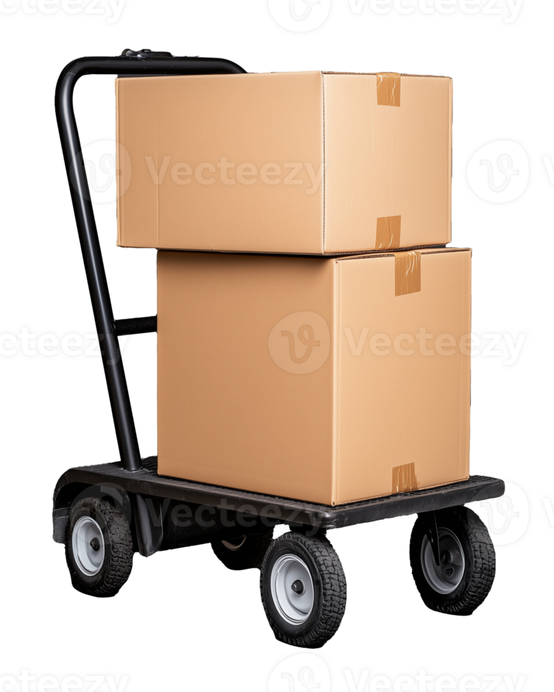 Two stacked cardboard boxes on a hand truck on transparent background png
