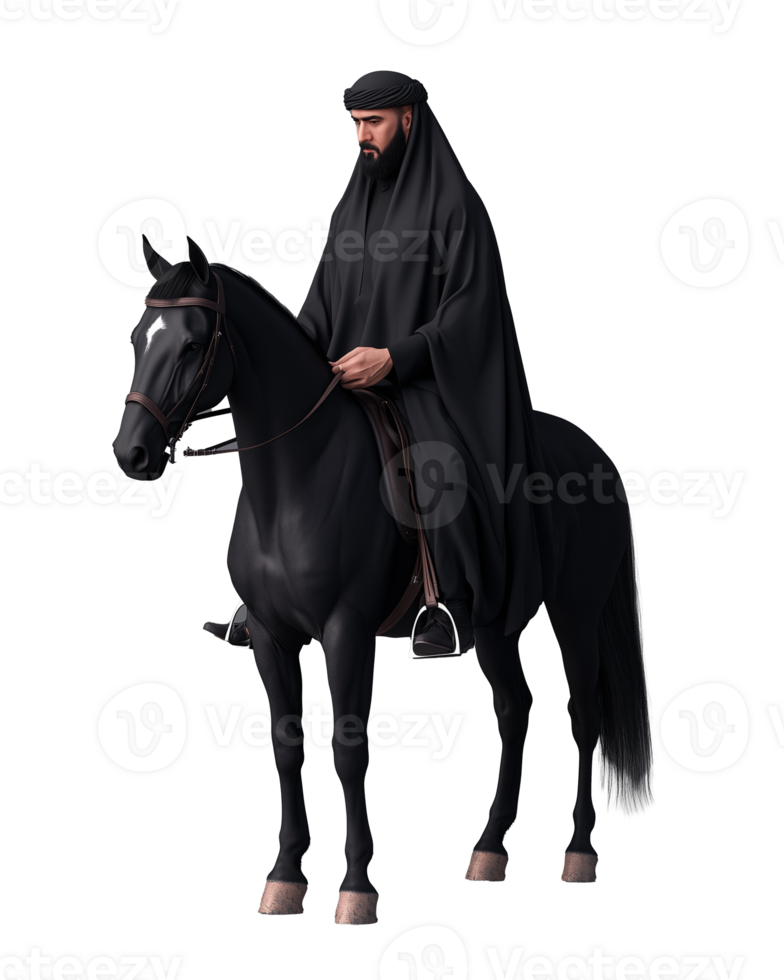 Black horse rider in traditional attire on transparent background png
