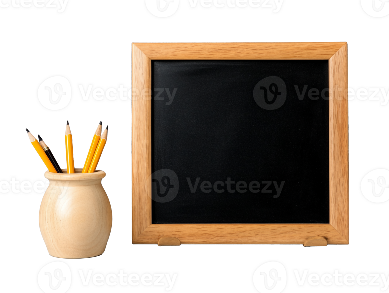 Wooden framed blackboard with pencil holder and yellow pencils on transparent background png