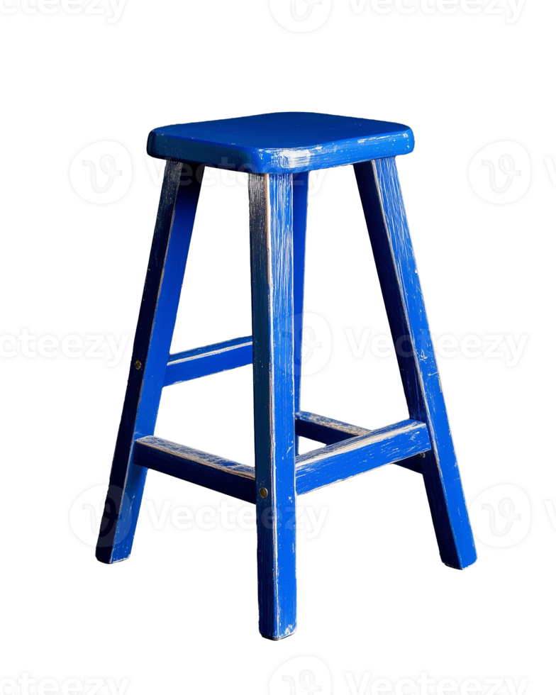 Blue wooden stool with four legs and a square seat on transparent background png
