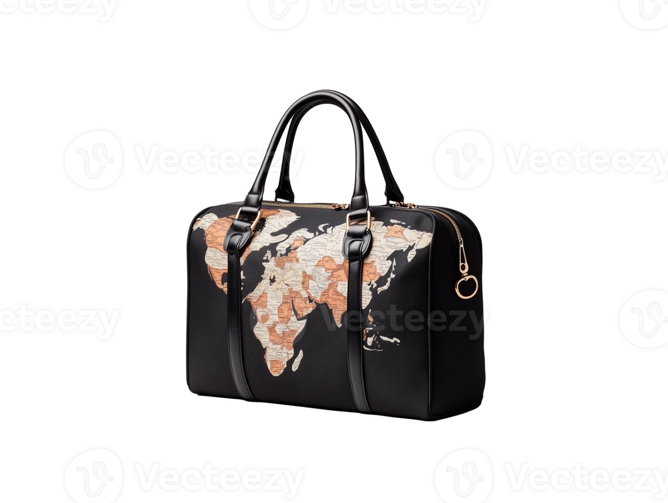 Stylish black handbag with world map design on transparent background png