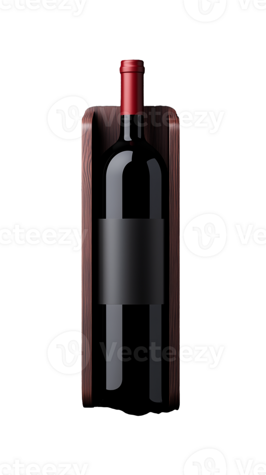 Red wine bottle in wooden holder on transparent background png