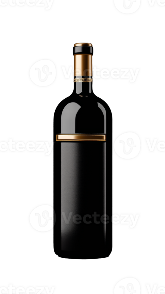Elegant black wine bottle with gold accents and textured label on transparent background png
