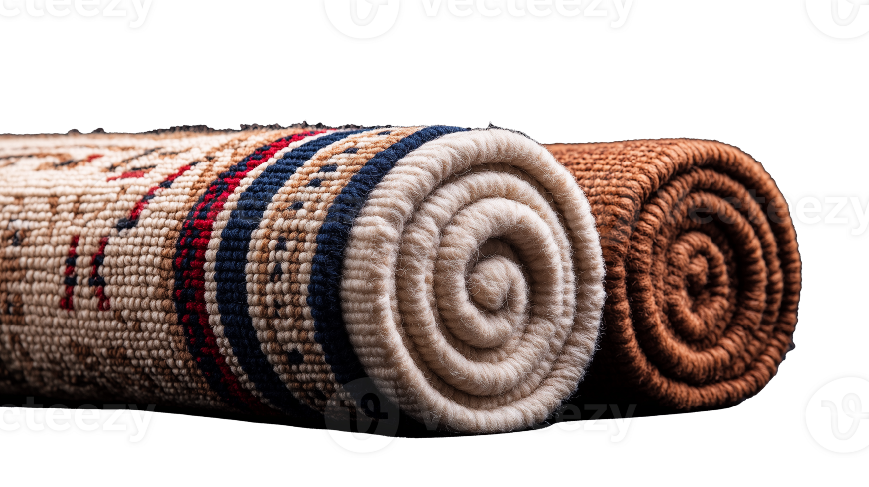 Rolled decorative rugs with intricate patterns and textures on transparent background png