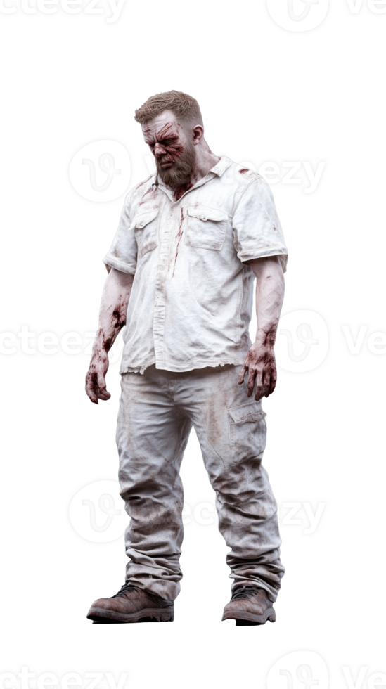 Zombie character with blood stains and torn clothing on transparent background png