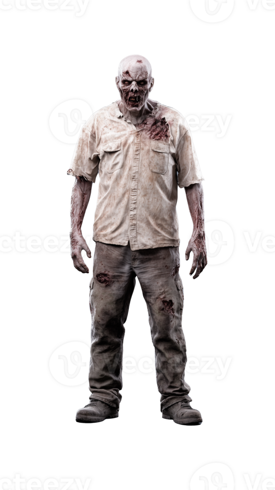 Zombie character in torn clothing with detailed features on transparent background png