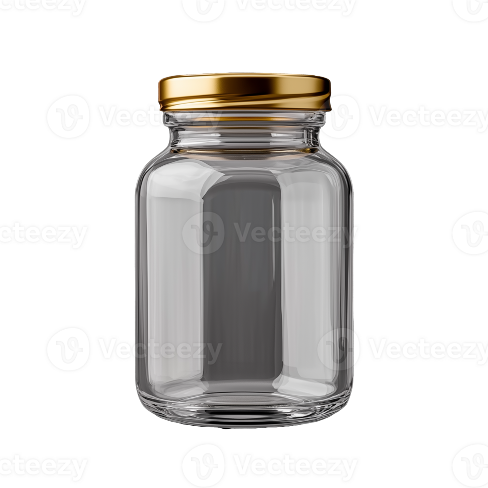 Clear glass jar with gold lid for storage on transparent background png