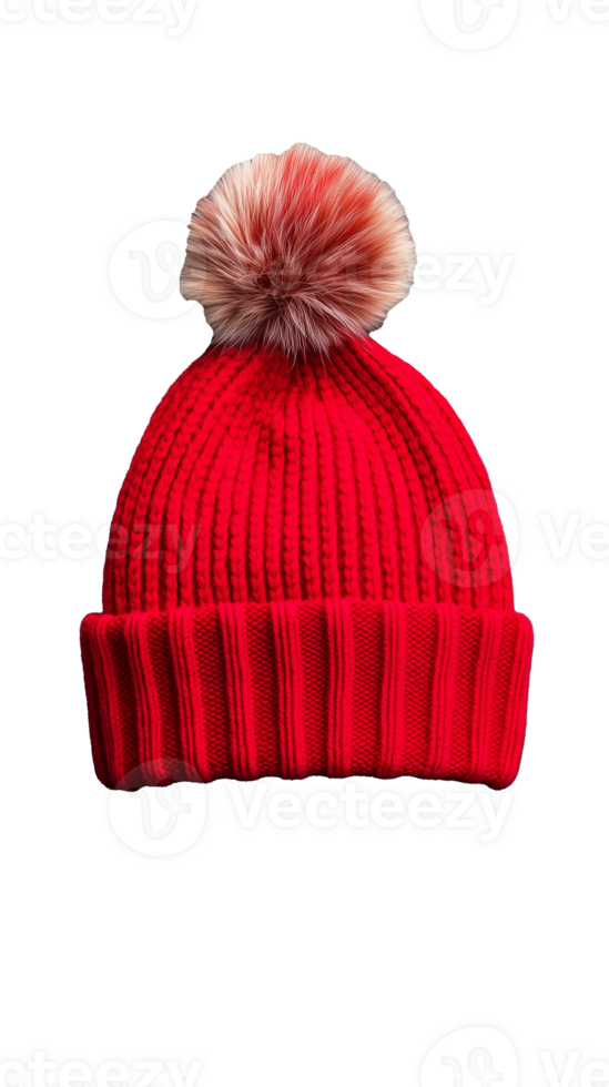 Red knitted beanie hat with pom pom on transparent background png