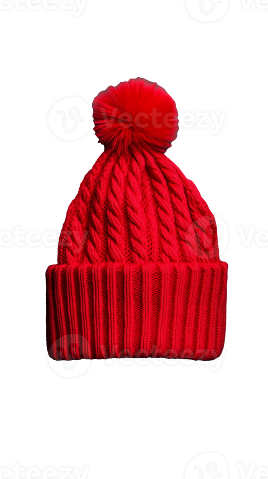 Red knitted beanie hat with pom pom on transparent background png