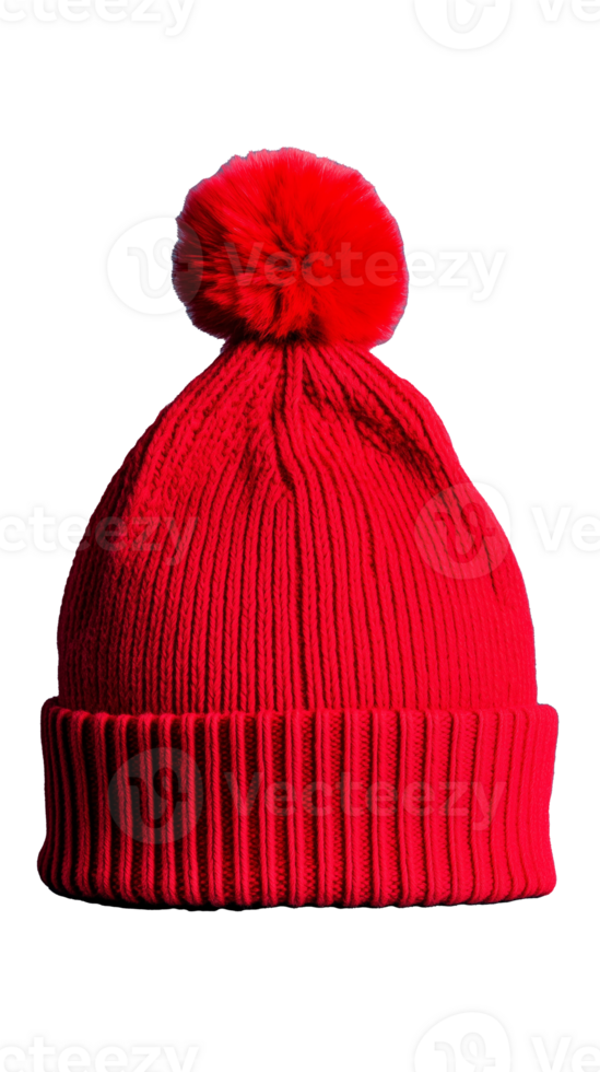 Red knitted beanie with pom pom on transparent background png