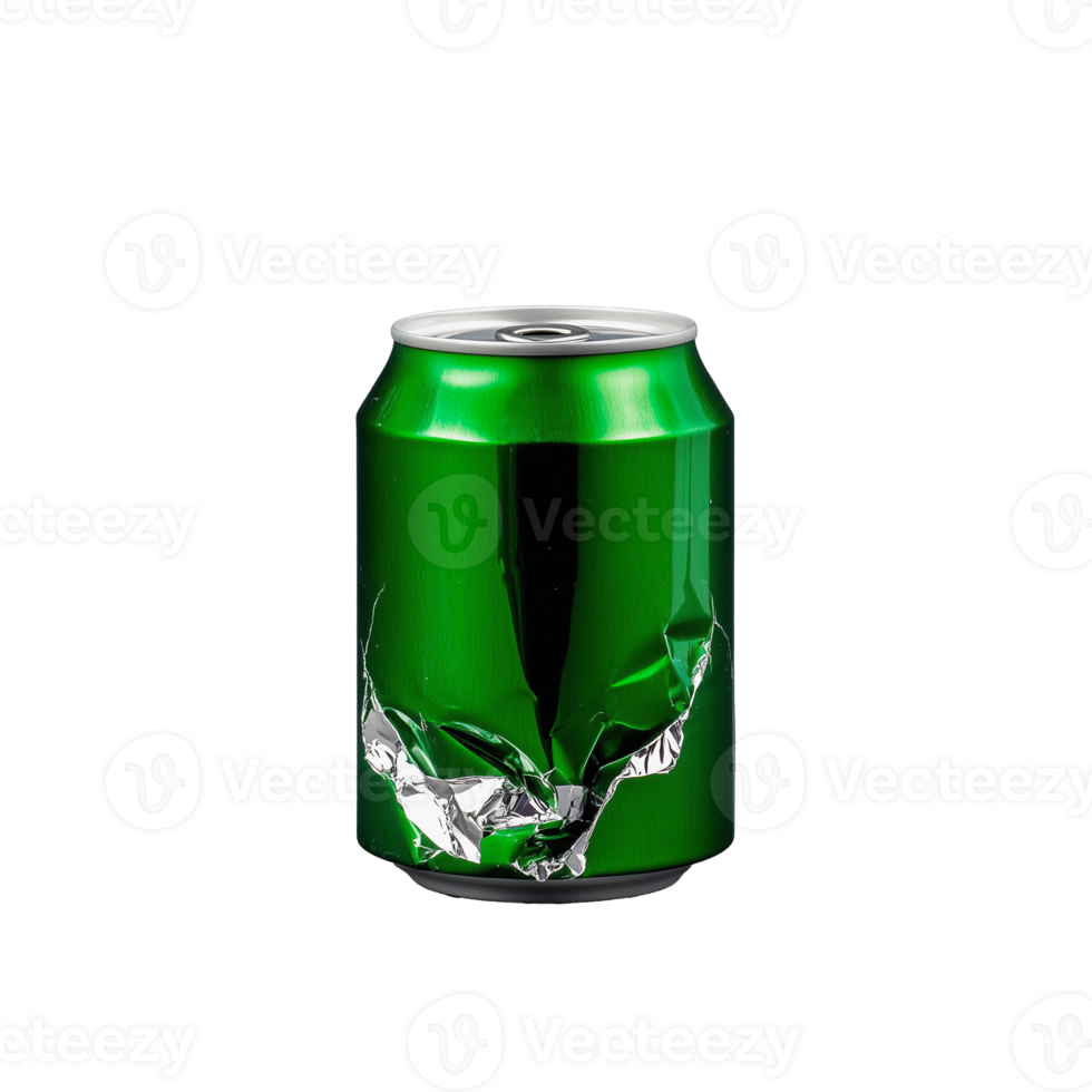 Crushed green soda can with shiny surface on transparent background png