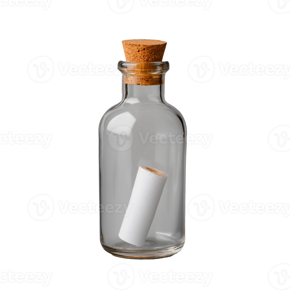 Glass bottle with cork and rolled paper inside on transparent background png