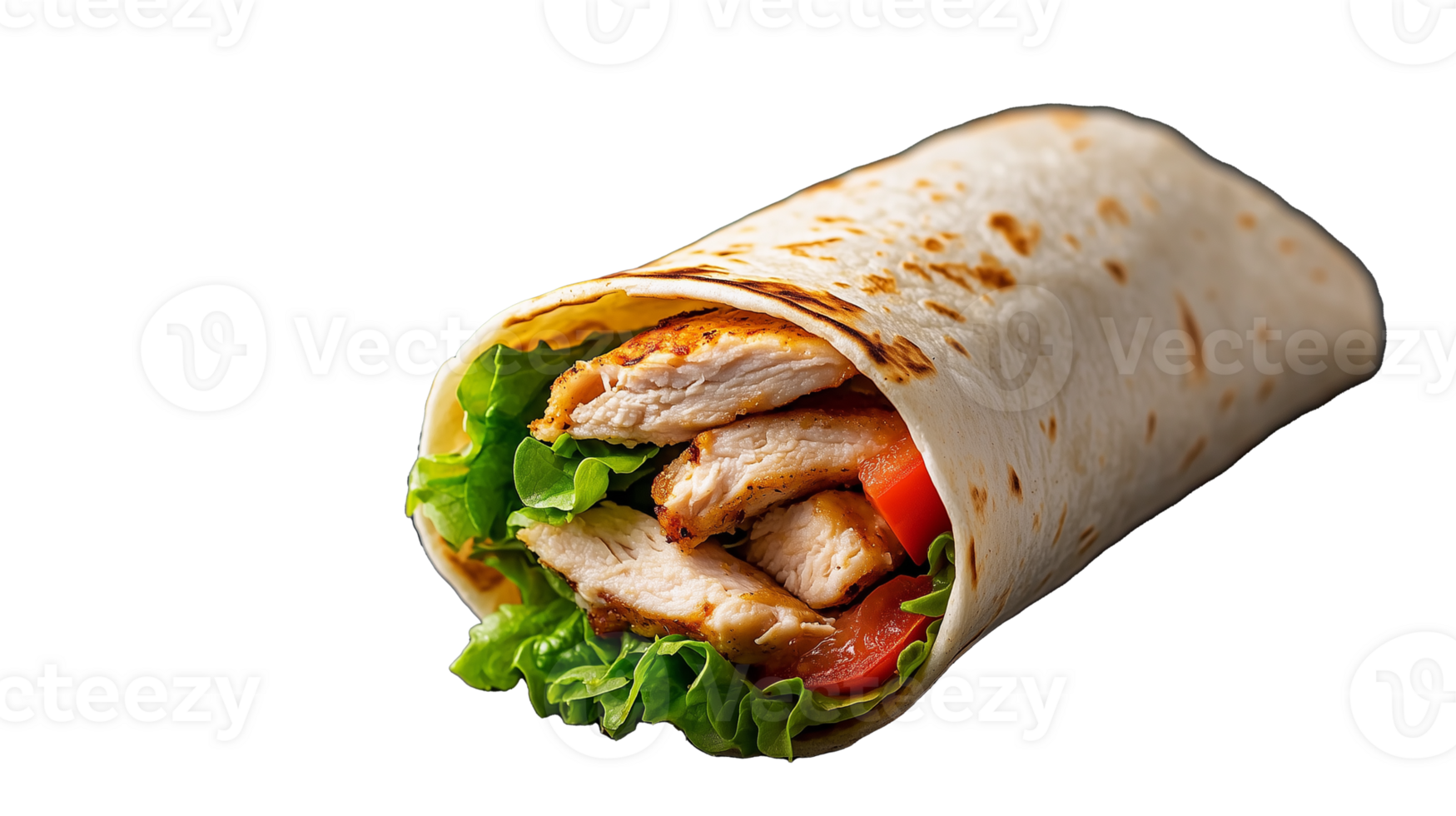 Grilled chicken wrap with fresh lettuce and tomatoes on transparent background png