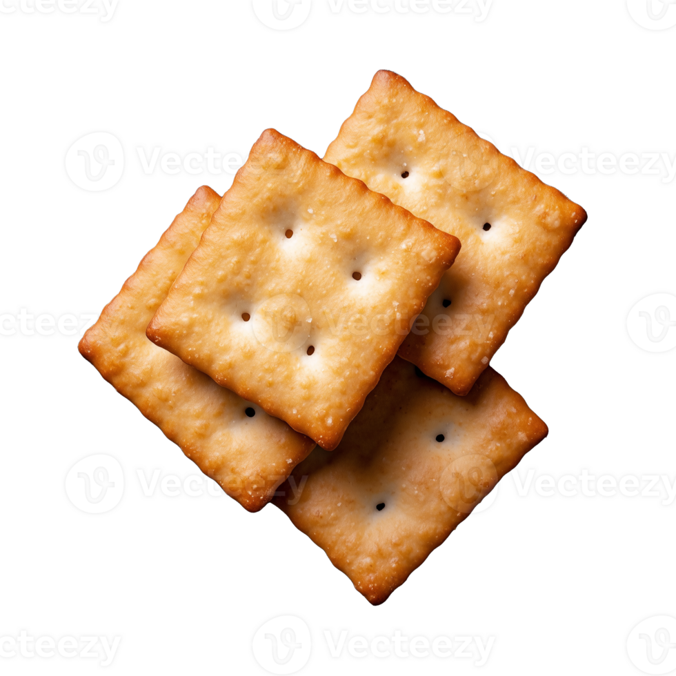 Crispy golden square crackers stacked on transparent background png