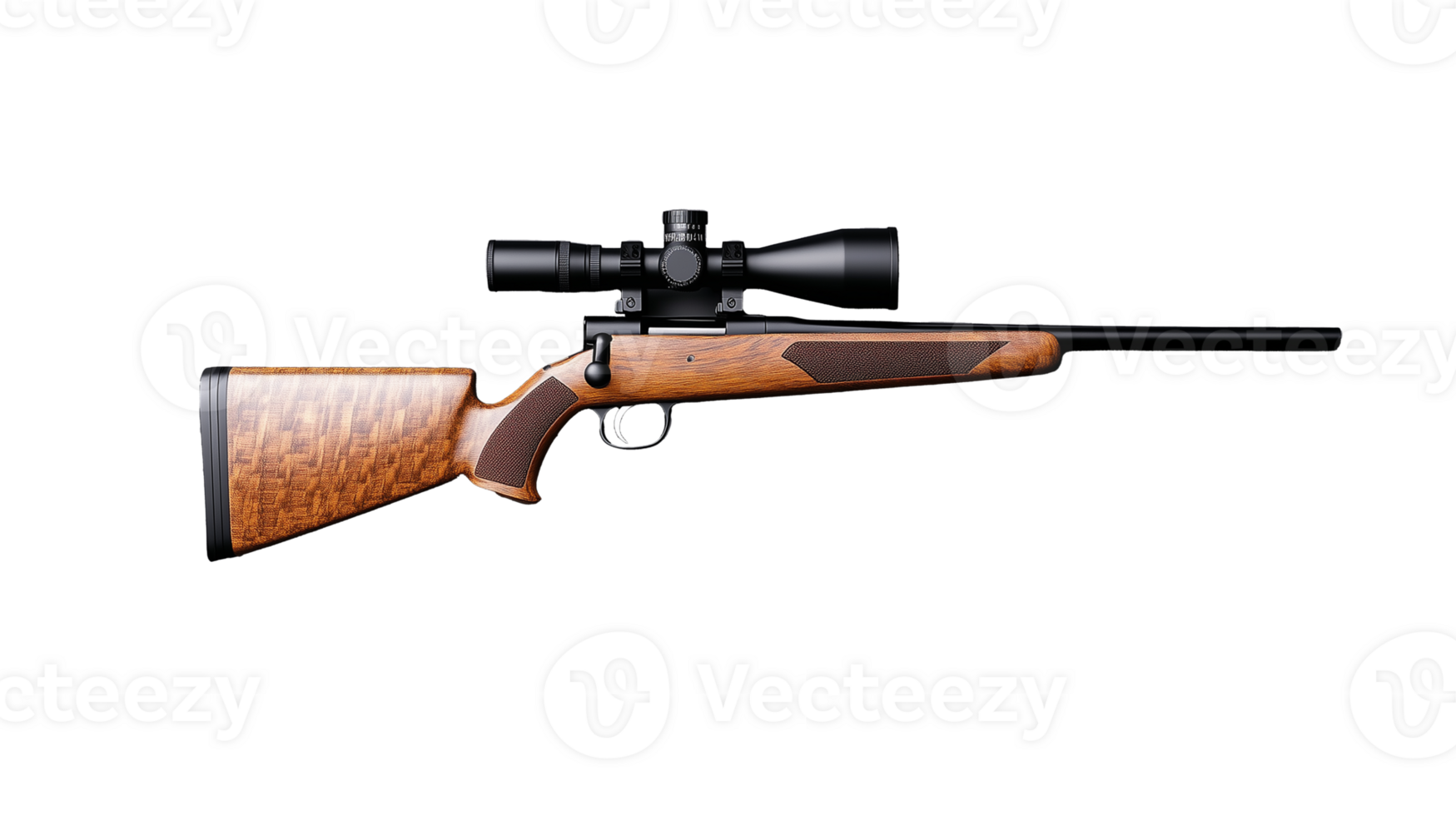 High-quality hunting rifle with wooden stock and scope on transparent background png