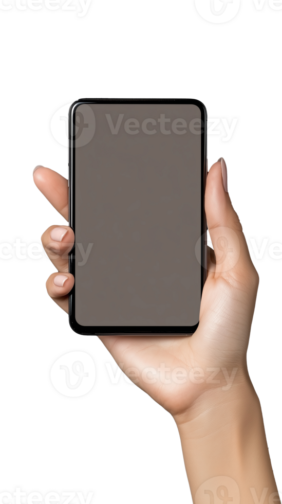Hand holding smartphone device with blank screen on transparent background png
