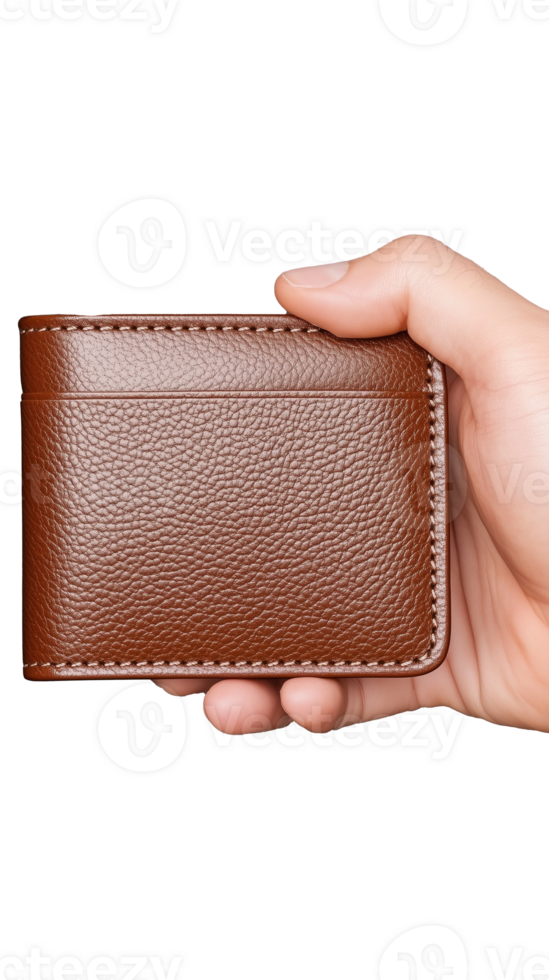 Hand holding a brown leather wallet with textured surface on transparent background png