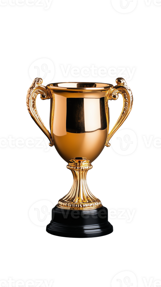 Elegant golden trophy with ornate handles and shiny surface on transparent background png