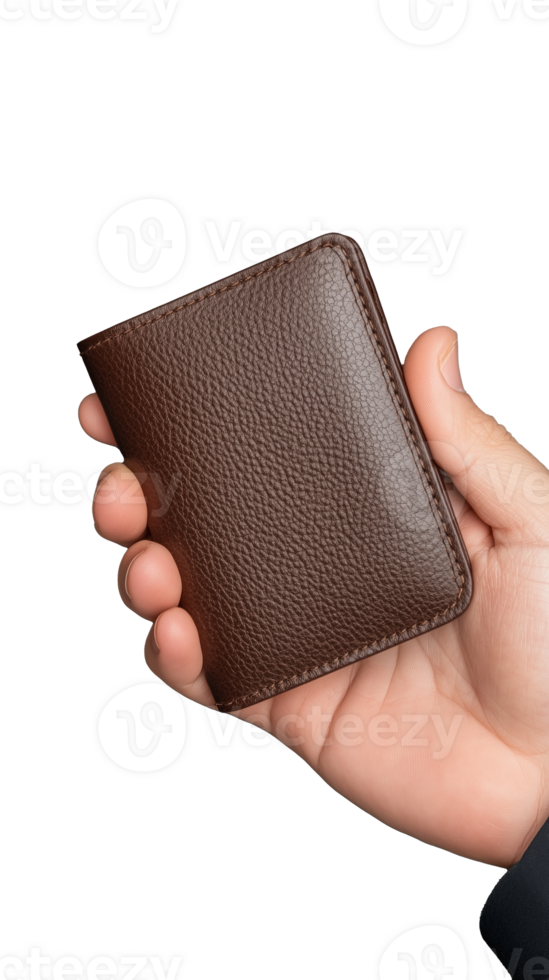 Brown leather wallet held in hand on transparent background png
